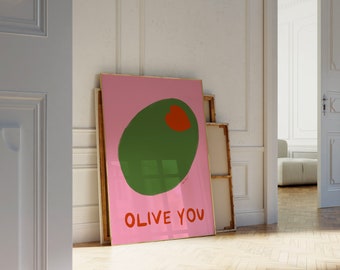 Olive You Wall Art, Pink Olive Print, Maximalist Kitchen, I Love You Art Print, Food Art Kitchen Decor, Pop Art Food Print, Cute Olive Print