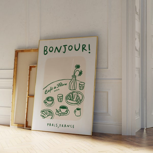 Café De Flore Art Print, Affiche Bonjour, Affiche de café Français, Affiche de petit-déjeuner croissant, Impression d’art alimentaire rétro, Mur de galerie de cuisine moderne
