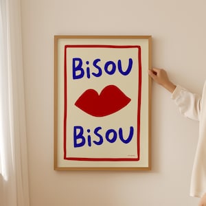 Bisou Bisou Wall Art, modny nadruk Kiss, retro plakat francuski, estetyczny wystrój korytarza, nowoczesny nadruk z czekiem gościnnym, galeria ścienna French Kiss