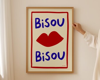 Art mural bisou bisou, impression baiser tendance, affiche française rétro, déco de couloir esthétique, impression chèque invité moderne, mur de la galerie French Kiss