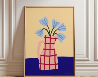 May include: A red and pink checkered pitcher with a blue flower bouquet on a blue background.
