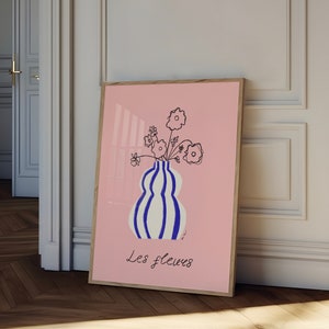 Arte de pared de Les Fleurs, cartel botánico, cartel de flores, flores en ilustración de jarrón a rayas, cartel del mercado de flores, decoración floral rosa del hogar