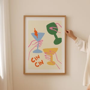 Proost kunst aan de muur, funky barwagen kunst, handgetekende bar decor, leuke cocktail kunst aan de muur, keuken galerij muur, cin cin muur kunst, Salud Sante print