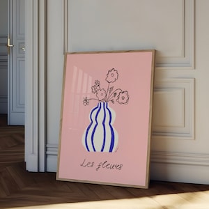 Arte de pared de Les Fleurs, cartel botánico, cartel de flores, flores en ilustración de jarrón a rayas, cartel del mercado de flores, decoración floral rosa del hogar