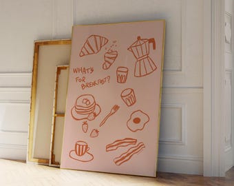 What's for Breakfast Print, Aesthetic Kitchen Poster, French Croissant Wall Art, Coffee Moka Pot Poster, Food Poster, Brunch Club Poster