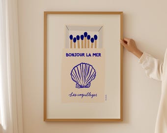 Coastal Matchbox Wall Art, Seashell Print, Trendy Coastal Poster, Bathroom Decor Artwork, Beachy Wall Art, Minimalist Seashell Illustration