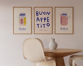 Ensemble d'impressions de cuisine, lot de 3 affiches de cuisine, impression Buon Appetito, art culinaire rétro, cadeau gourmand vintage, décoration de cuisine art culinaire, mur de galerie