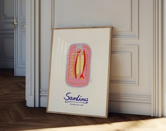 Sardines Print, Fish Kitchen Wall Art, Sardine Tin Poster, Seafood Print Italy, Retro Food Art, Vintage Foodie Gift, Food Art Kitchen Decor