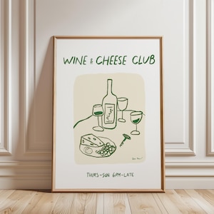 Wine and Cheese Club Poster, Wine Lover Gift Printable Wall Art Hand Drawn Wine Poster, Aesthetic Dining Room Decor, Modern Kitchen Wall Art