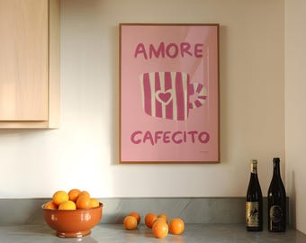 Amore Cafecito Wall Art, Girly Coffee Print, Retro Kitchen Decor, Coffee Lover Gift, Aesthetic Kitchen Print, Cute Mug Poster, Coffee Poster