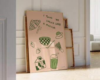 Deberíamos comprar un cuadro de matcha, póster de matcha latte, decoración de cafetería, ilustración gastronómica, arte de cocina de té, boceto de matcha, póster de desayuno