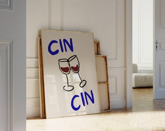 Cin Cin Wine Glasses Print: Hand-Drawn Cheers Poster