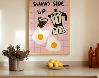 Sunny Side Up Wandkunst, Kaffee und Eier Druck, Frühstücksclub Poster, Retro Food Kunstdruck, Moderne Küche Galeriewand, Fun Moka Pot Print