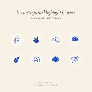 8 Copertine per evidenziare Instagram a tema spiaggia mare, forme divertenti, icone di Instagram, conchiglie oceaniche pulite e minimaliste, icone dei social media