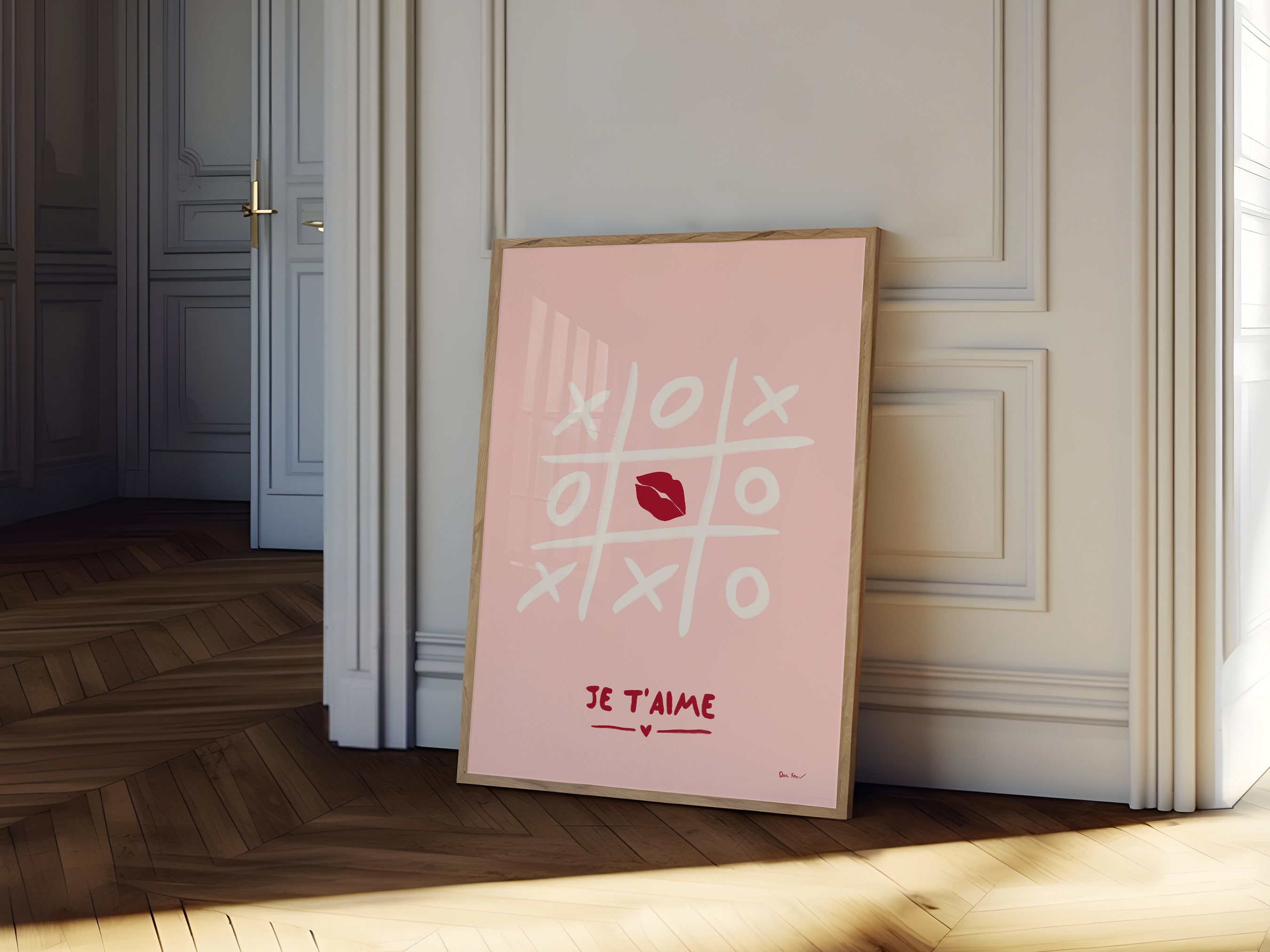 XOXO Tic Tac Toe kunst aan de muur, roze Je t'aime offerte afdrukken, preppy ik hou van je poster, trendy romantische kunst aan de muur, esthetische roze galerij muur print