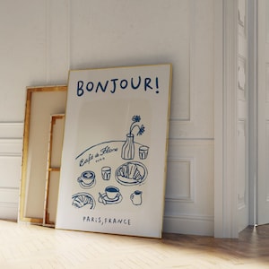 Cafe De Flore Art Print, Bonjour Poster, French Coffee Poster, Croissant Breakfast Poster, Retro Food Art Print, Modern Kitchen Gallery Wall