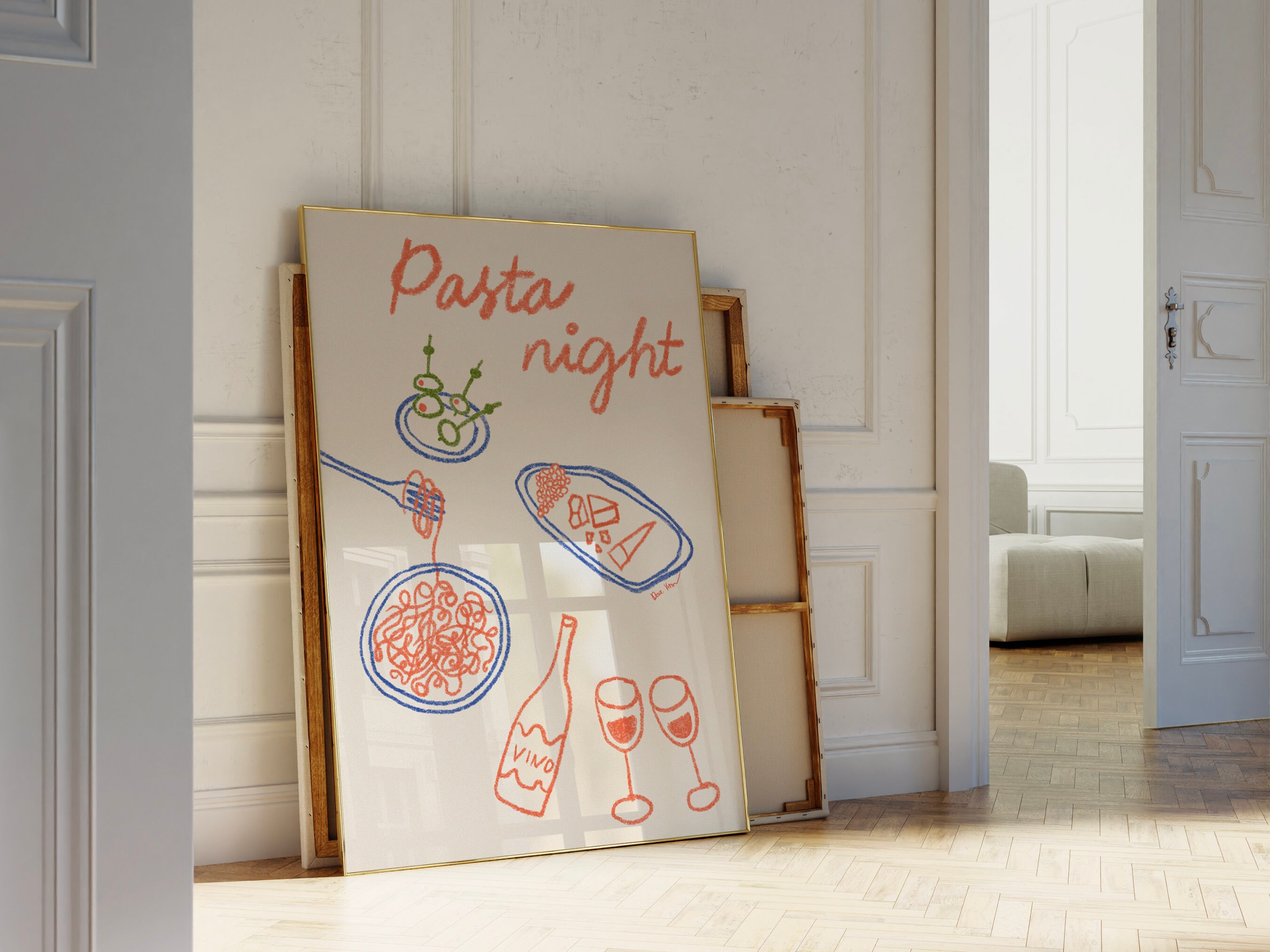 Pasta Night Poster, Spaghetti and Wine Food Print, Kitchen Decor, Olives and Cheese Wall Art, Italian Pasta Sketch, Pasta Lover Illustration