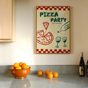 Pizzafeest poster, dinerfeest print, handgetekende wijn poster, esthetische eetkamer decor, moderne keuken kunst aan de muur, Italiaans eten Art Print