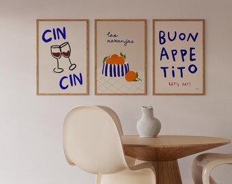 Kitchen Print Set, Set of 3 Kitchen Poster, Buon Appetito Wall Art, Cin Cin Print, Retro Kitchen Print, Minimalistic Kitchen Wall Art