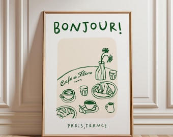 Cafe De Flore Art Print, Bonjour Poster, French Coffee Poster, Croissant Breakfast Poster, Retro Food Art Print, Modern Kitchen Gallery Wall