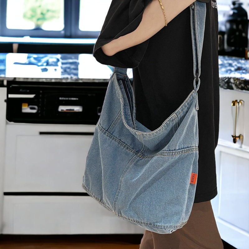 Women Denim Shoulder Bag Y2k Embroidered Tote Bag with Fringe Star