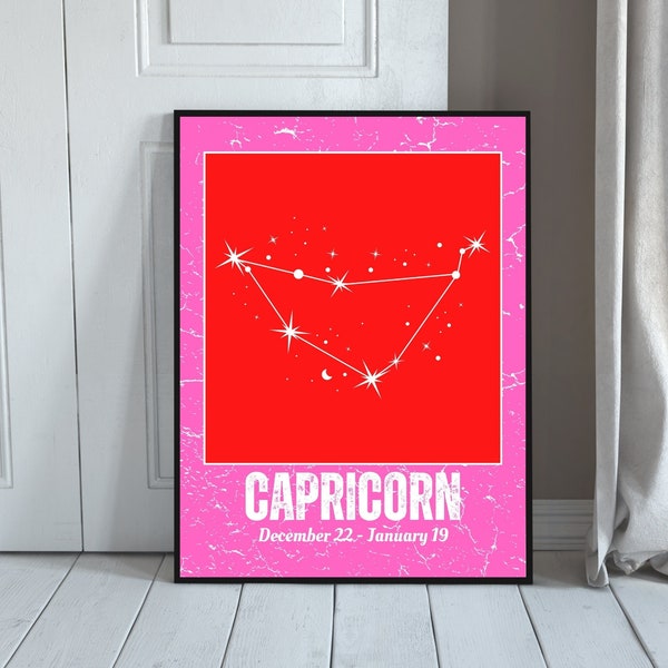 Zodiac Capricorn Poster Print Hot Pink and Red - Instant Download