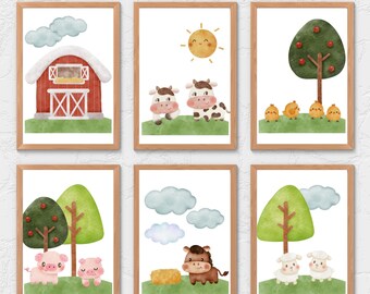 Adorable Baby Farm Animals - Set of 6 Cartoon Wall Art Prints