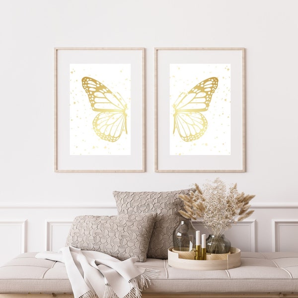 White and Gold Sparkle Butterfly Wall Print - Set of 2 Prints - Instant Download