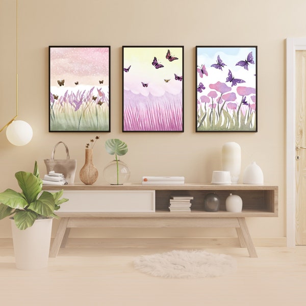 Watercolor Butterfly Fields Trio - Set of 4 Prints to Choose From - Instant Download