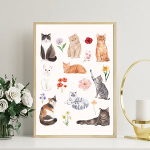 Cats and Florals Art Print - Instant Download
