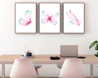 Pink and Blue Watercolor Butterfly Trio - Set of 3 Prints - Instant Download