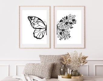 Black and White Floral Butterfly Wall Art