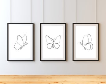 Minimalist Butterfly Line Art Trio - Set of 3 Prints - Instant Download