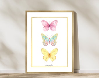 Impresión de arte de mariposa rosa pastel y amarillo - Descarga instantánea