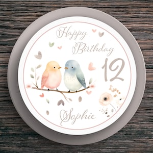 Taarttopper Verjaardag Vogels #1 Gepersonaliseerde naam en nummer (20 cm) Fondantpapier