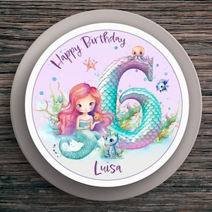 Topper per torta compleanno sirena #1 nome e numero (20 cm) carta fondente