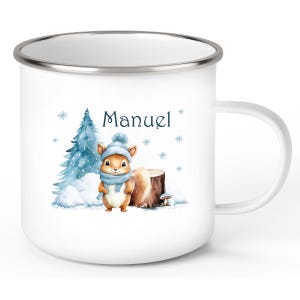 Taza navideña personalizada de ardilla n.° 1. Taza infantil de esmalte o cerámica. Varios colores.