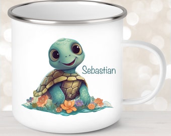 Tasse Schildkröte #1 Wunschname Emaille oder Keramik Kinderbecher Personalisiert