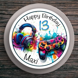 Topper per torta compleanno Controller per giocatore, cuffia PlayStation personalizzata n. 3 nome e numero (20 cm) carta fondente
