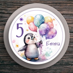Topper per torta compleanno pinguino #2 nome e numero (20 cm) in carta fondente