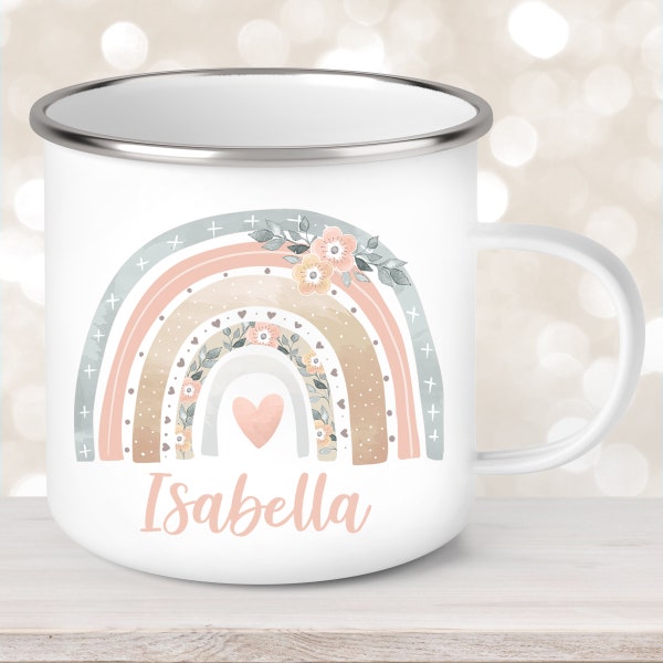 Tasse Regenbogen #7 Wunschname Emaille oder Keramik Kinderbecher Personalisiert