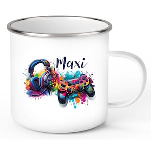 Tasse Gamer #03, Controller, PlayStation, HeadSet, Wunschname, Emaille oder Keramik, Personalisiert verschiedene Farben
