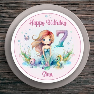 Topper per torta compleanno sirena #2 nome e numero (20 cm) carta fondente