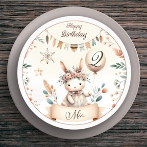 Topper per torta compleanno coniglietto n. 3 nome e numero (20 cm) in carta fondente