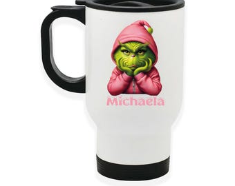 Caneca térmica de aço inoxidável com tampa, personalizada com o tema Natal "Grinch 10#", branca.