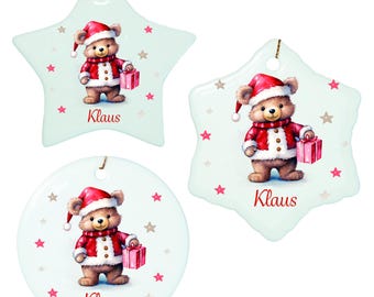 Personalized Christmas ornament, teddy bear and star design, ceramic pendant, Christmas decoration, Christmas bauble, Christmas tree ornament, various shapes