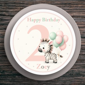 Topper per torta compleanno zebra #2 nome e numero (20 cm) carta fondente