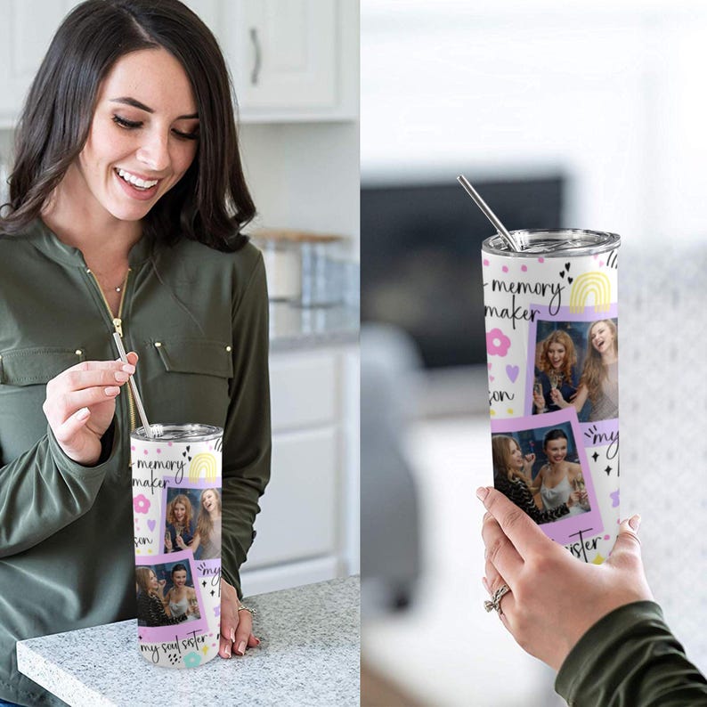 May include: A stainless steel tumbler with a straw, featuring a collage of photos and the text "memory maker" and "my soul sister". The design includes a rainbow, flowers, and hearts in a pastel color scheme.
