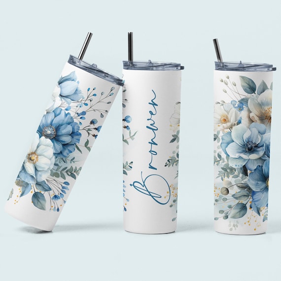 Blue Floral Customised Personalised 20oz Skinny Tumbler with Straw