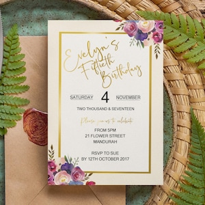 TÉLÉCHARGEMENT NUMÉRIQUE Invitation d'anniversaire personnalisée aquarelle florale - Nous vous éditons l'impression